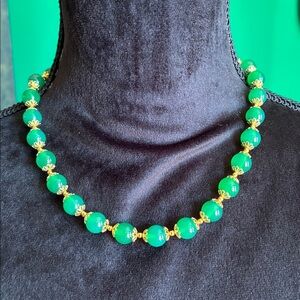 NEW Green Onyx gemstones set of beaded bracelet and necklace in ornate goldtone